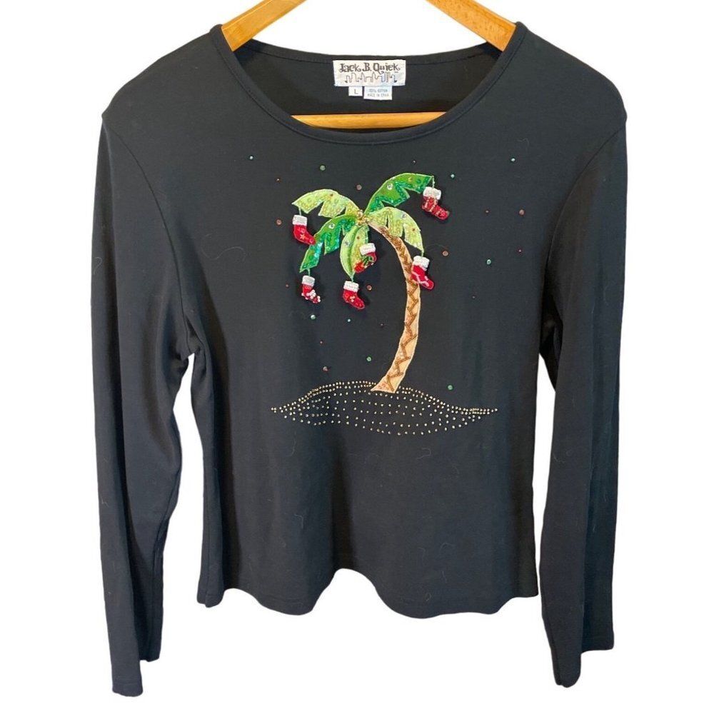 Jack B Quick Black Christmas Stocking Palm Tree Holiday T Shirt Sz L